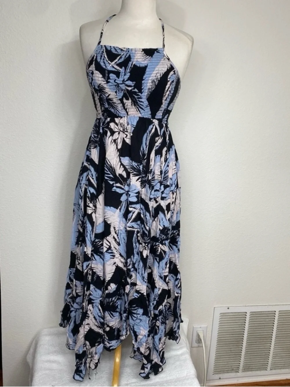Free People Womens Blue Tropical Floral Smock Midi Dress Size Large Boho Coastal
